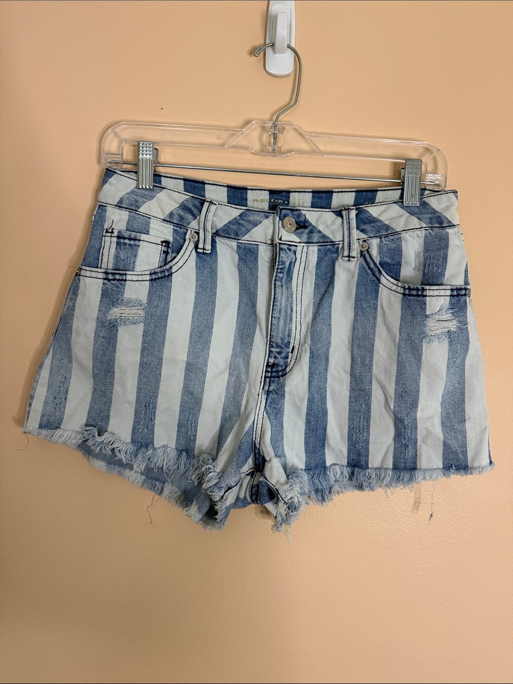Rewash Vertical Stripe Denim Shorts in Blue and White